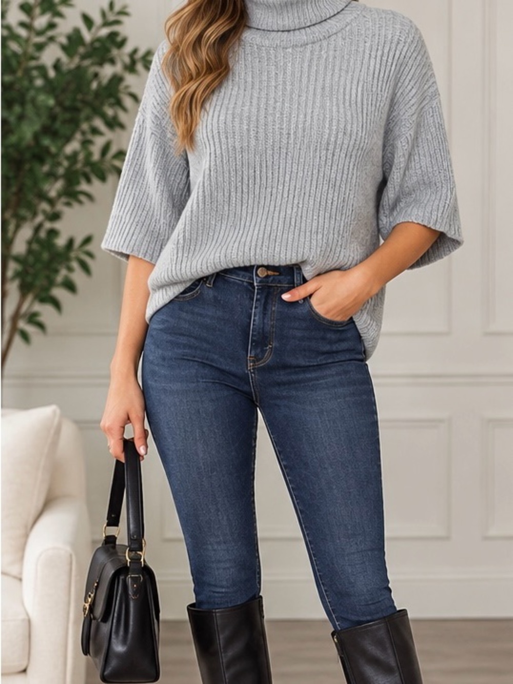 House of Harlow 1960 Light Gray Ribbed Turtleneck Sweater
